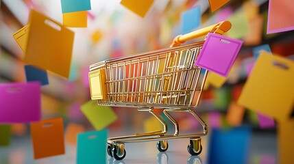 Gold Shopping Cart With Colorful Shopping Bags.