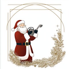 Sticker - Santa Claus Holding a Watering Can with a Christmas Wreath Around a Gold Geometric Frame