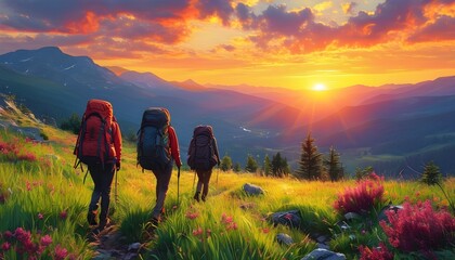 Hikers exploring a vibrant meadow at sunset, immersed in breathtaking scenery and the beauty of nature