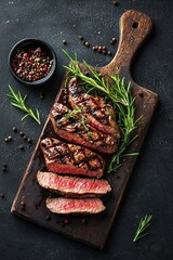 Grilled beef steak with spices on cutting board. Top view with copy space