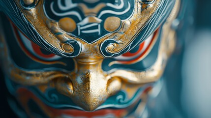 Hannya Demon Mask, intricate closeup of a traditional Japanese Hannya mask showcasing vibrant colors, detailed craftsmanship, and cultural significance in a minimalist setting