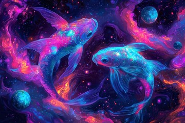 Wall Mural - Colorful cosmic fish swimming in abstract space