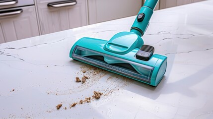 A turquoise handheld vacuum cleaner against a white marble kitchen counter, crumbs being swiftly removed.