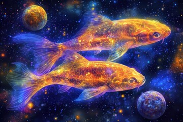 Colorful fantasy goldfish swimming in cosmic space with planets