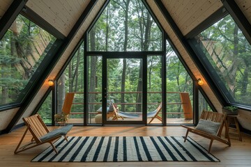 Mid-Century Modern A-Frame Cabin with Black Windows, White Stripes, Glass Walls, and Large Balcony Overlooking Forest Setting