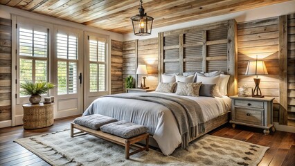 Cozy farmhouse bedroom with plush area rug, wooden slats, vintage window shutter headboard, lantern pendant, rustic plank walls, and soft French linen duvet.