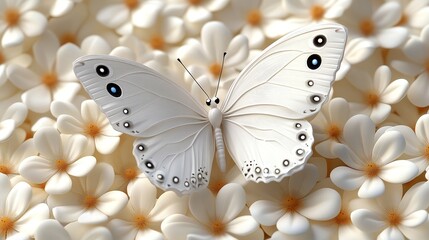 A delicate white butterfly perched on a bed of beautiful white flowers, symbolizing nature's beauty and tranquility.