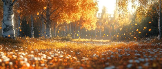 Wall Mural - Golden Leaves Falling in a Sunny Birch Forest