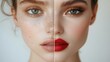 © prime stock - Beauty Duality: Woman's Face Showcasing Half with No Makeup and Half with Dramatic Party Makeup in a Dermatological and Cosmetological Context