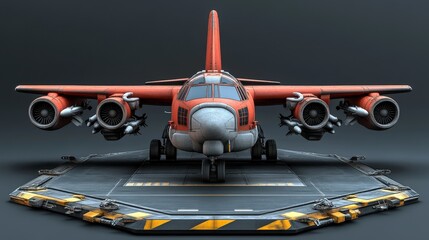 A striking orange aircraft with powerful engines, poised on a modern landing platform, showcasing innovative design and technology.