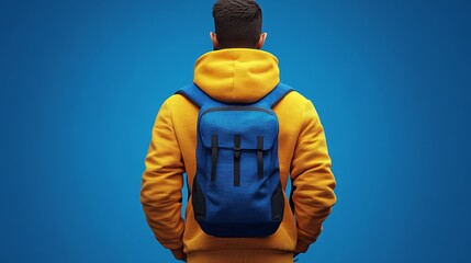 A stylish young man wearing a yellow hoodie and blue backpack, standing against a vibrant blue background, perfect for travel and fashion themes.