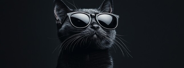 black cat wearing sunglasses on dark background, horizontal. concept: stylish pet, cool cat, fashion