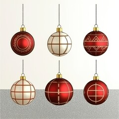 Wall Mural - Set of Six Red and White Christmas Ornaments with Geometric Patterns