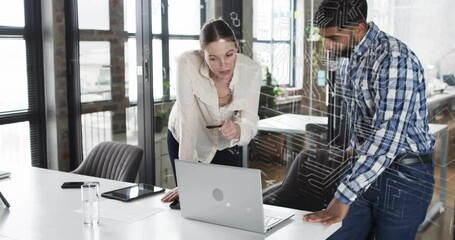 Canvas Print - Animation of digital icons and data processing over diverse business people in office