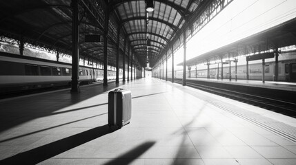 Train station platform with a single suitcase in black and white
Travel, solitude, journey, waiting, suitcase, train station, black and white