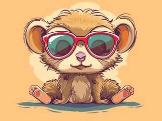 Wall Mural - A cartoon bear wearing sunglasses and sitting on the ground. The bear is smiling and he is enjoying the sun