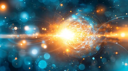 Wall Mural - Dynamic quantum computing background with layered orbs representing qubits swirling in a complex pattern of energy waves futuristic science concept Large space for text in center Stock photo with