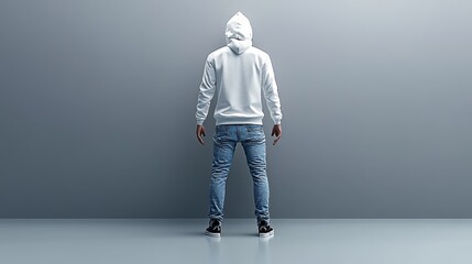 A young person in a white hoodie stands against a gray wall, capturing a moment of contemplation and solitude.