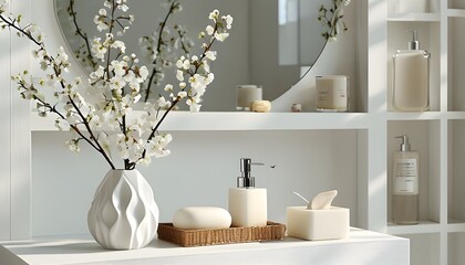 Elegant white bathroom oasis with soft lighting, mirror, stylish soap dispenser, and fresh white flowers on a chic shelf