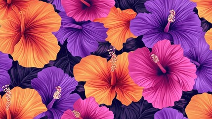  Motley seamless pattern featuring hibiscus flowers with a vibrant pink orange and purple floral design