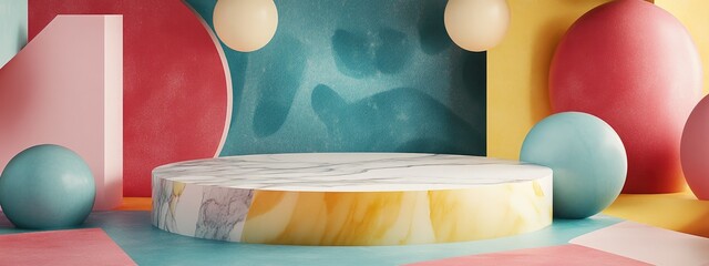 Poster - Three dimensional podium rendering A platform for showcasing products featuring a vibrant illustration of abstract geometric shapes and various material textures