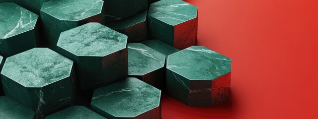 Poster - Green hexagonal granite pattern on a red backdrop minimalistic 3D rendering