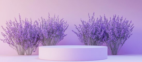 Wall Mural - Podium display featuring lavender flowers against a pastel purple backdrop Mockup for exhibitions product presentations wellness and relaxation 3D render