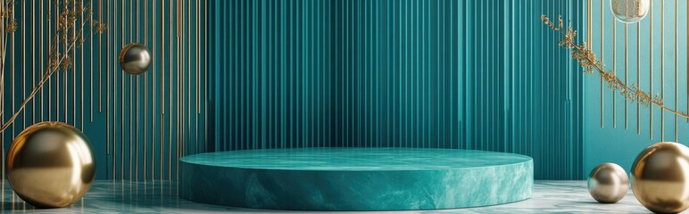 Wall Mural - Bright turquoise green 3D rendering of a minimal product display featuring a luxurious cylindrical podium and an abstract composition with golden lines and circles