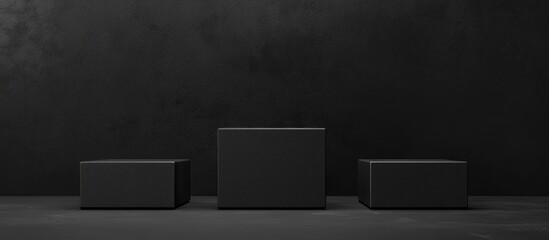 Poster - Dark black 3D background featuring three square podiums on the floor Platforms for product display in an abstract composition providing ample copy space for showcasing a black item and promotional