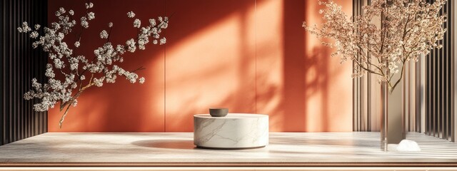 Poster - Stunning and sophisticated backdrop featuring a pedestal and display case 3D illustration and rendering