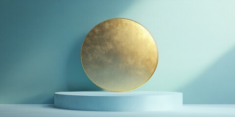 Pedestal display featuring a gold circle on a soft blue background designed for product promotion realistic 3D digital rendering