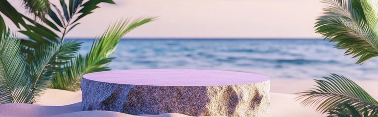 Poster - Abstract podium on a sandy backdrop Stone pedestal with a reflective surface surrounded by tropical foliage Realistic pastel purple mock up for product promotion and presentation 3D rendering