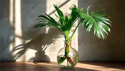 Wall Mural - Sunlit Monstera Leaves in Glass Vase Casting Shadows on Wall