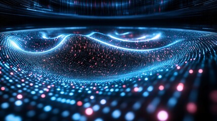 Poster - Quantum computing abstract with glowing qubits and dynamic particle waves representing advanced science and high-tech computing Large space for text in center Stock photo with copy space