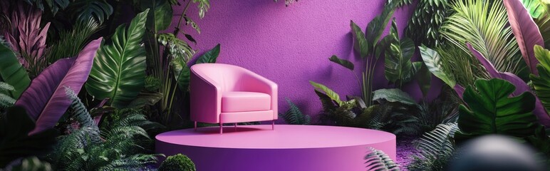 Canvas Print - Abstract garden scene featuring a natural beauty podium backdrop Pink podium and armchair set in a lush tropical forest with a purple wall ideal for product presentation 3D render