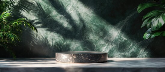 Poster - Product showcase pedestal featuring a marble backdrop and shadowy foliage 3D rendering of the podium design