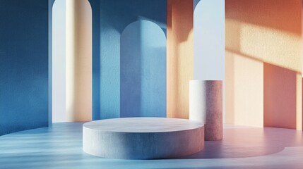 Wall Mural - Abstract 3D space featuring realistic cylindrical pedestals Minimalistic setting for product display mockups Geometric forms in 3D rendering for stage showcases