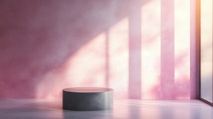 Poster - Podium display with a cylindrical pedestal Realistic modern 3D rendering for product presentation Abstract pastel minimal wall backdrop in a studio setting