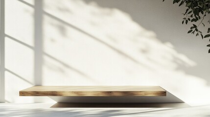 Poster - A simple wooden board or tabletop is positioned against a white wall with sunlight creating shadows A minimalist backdrop for product display 3D render 3D illustration
