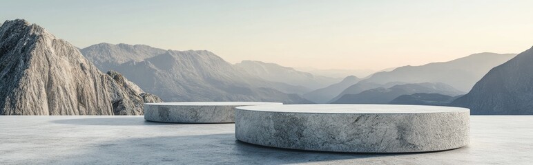 Poster - Abstract 3D rendering of a summer scene featuring a natural podium background with a stone podium set against a mountainous backdrop and clear sky ideal for product display and advertising design