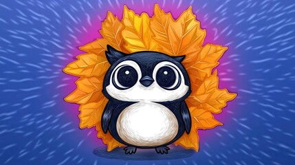 Wall Mural - Cute Penguin in Autumn Leaves Illustration