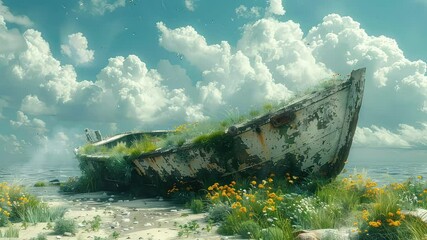Wall Mural - animation abandoned wooden boat in a lush riverside setting generated with ai