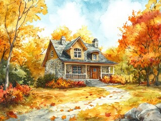 Wall Mural - Whimsical residence surrounded by autumn foliage Watercolor illustration