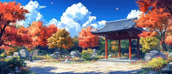 Wall Mural - A colorful anime illustration showcasing a classic Japanese garden setting