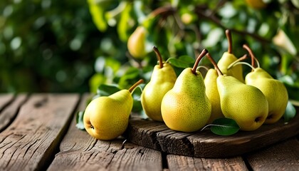 Organic pears displayed on a rustic wooden table surrounded by a natural backdrop, perfect for healthy eating and a vegan lifestyle