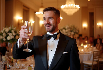 A handsome man dressed in a black tuxedo with a bow tie is holding up a glass of champagne with elegantly decorated tables and chandeliers in the background