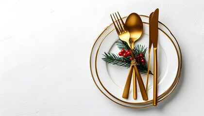 Elegant golden cutlery arrangement on white backdrop for festive dining celebration, ideal for holiday meal inspiration and decorative table designs