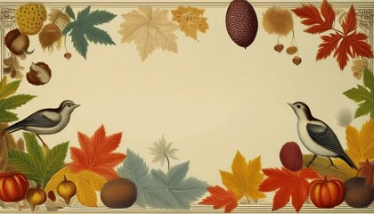 Wall Mural - autumn leaves frame with bird