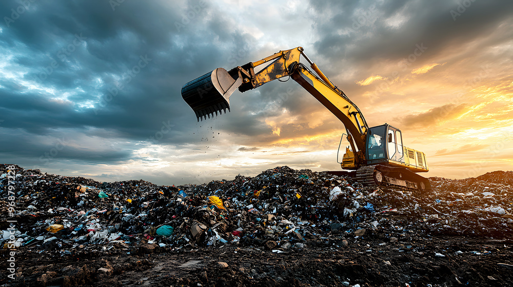 excavator digging through a massive pile of waste at a landfill, with ...
