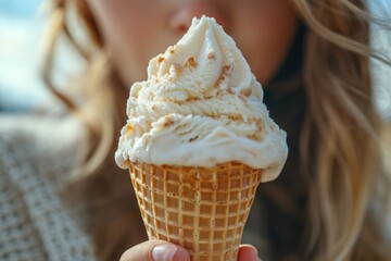 Woman holding delicious soft serve ice cream cone